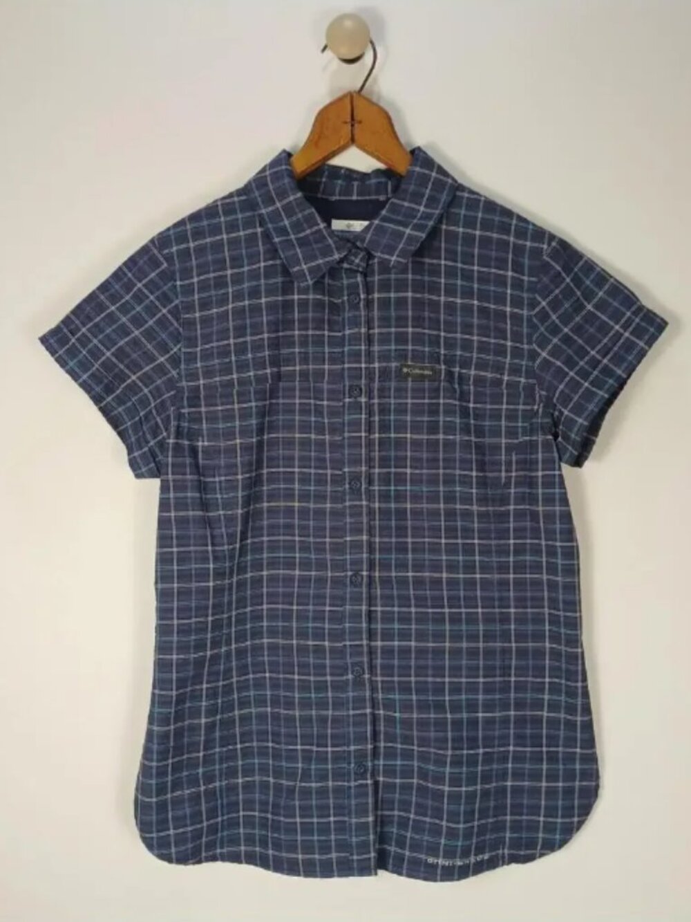 Columbia Omni Shield Shirt Womens Small Blue Plaid Short Sleeve Hiking Travel